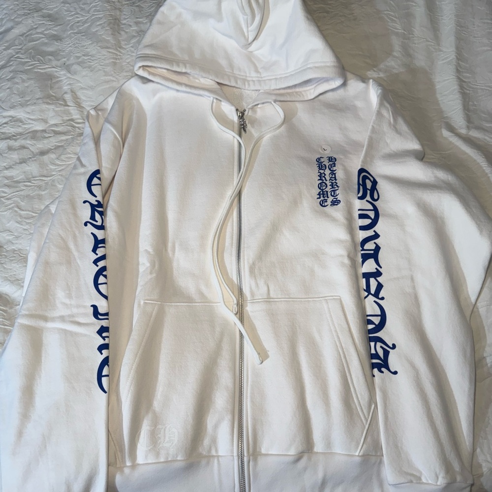 CHROME HEARTS F/W 2025 White Classic Zip Hoodie with Blue Logo Size Large